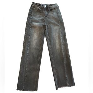 Faded black worn in wide leg frayed hem jeans indie sleaze grunge casual 4 long